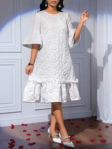 SHEIN Lady Váy dài vừa phải thanh lịch, cổ tròn, tay loe, vải raglan trơn màu dành cho nữ - trắng - Xem 5