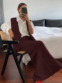 Livesso 女士V领无袖上衣和宽松针织裙两件套 - 酒紅色 - 查看 3