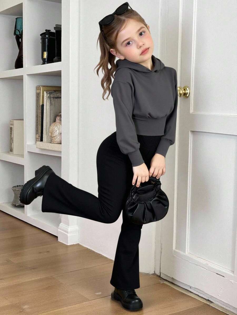 女童灰色白色宽松休闲舒适日常街头风连帽拉链短款长袖卫衣,返校季灰色童装连帽衫,秋冬季灰色童装连帽衫 - 深灰色 - 查看 1