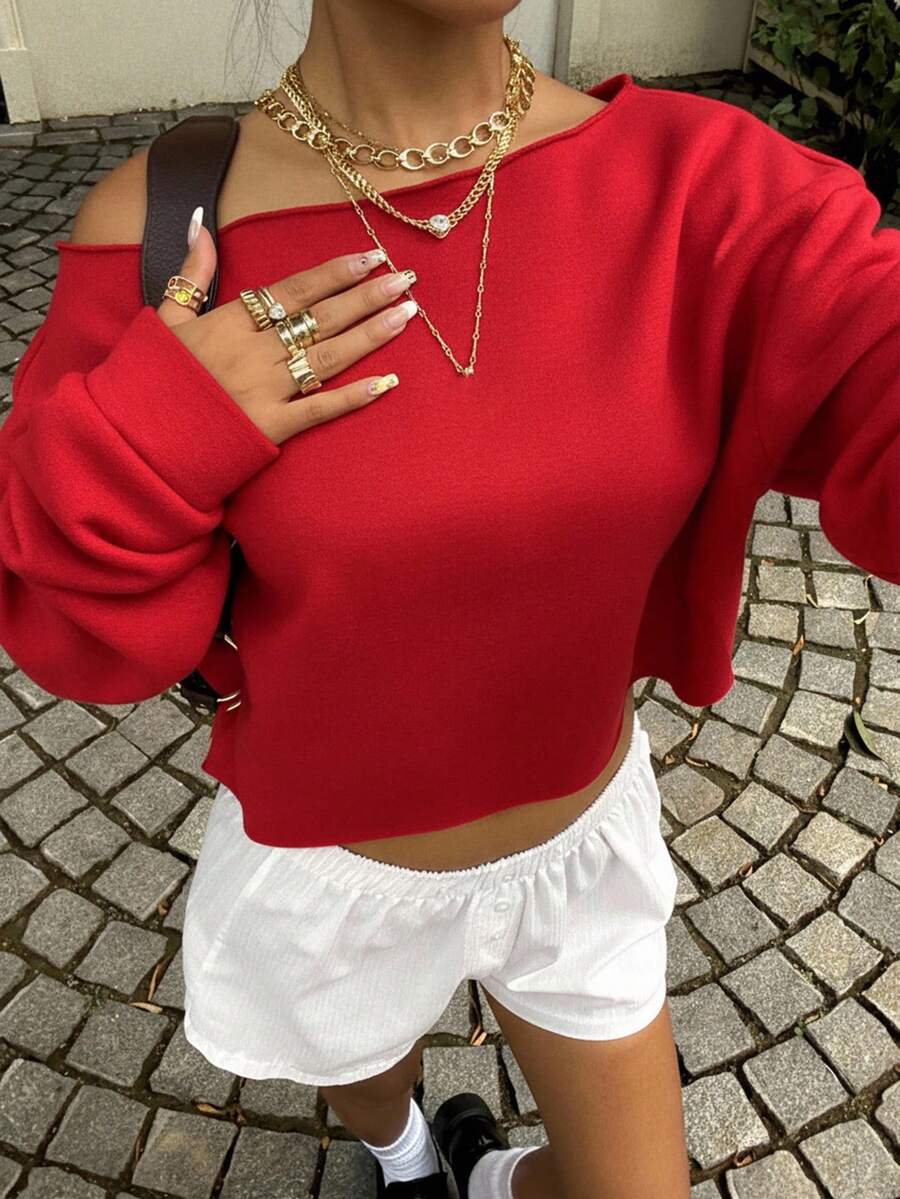 SHEIN EZwear Women's Fashion Off-Shoulder Short Sweatshirt, Suitable For Fitness, Dancing, Casual Wear, Autumn/Winter, Loose Fit Crew Neck Long Sleeve Pullover,Christmas - Red - View 1