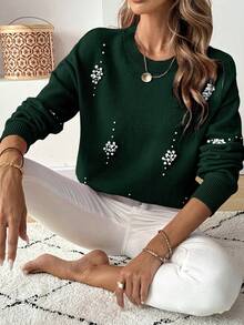 LanaWest Casual Soft Pearl Embellished Women Sweater - Dark Green - View 7