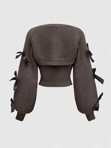 ROMWE Kawaii 新年情人节休闲叠穿可爱蝴蝶结装饰女式灯笼袖罩衫披肩背心两件套 - 深灰色 - 查看 2