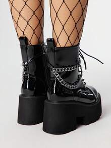 ROMWE Giày bốt cổ cao đế dày phong cách Punk dành cho nữ, giày bốt đế xuồng trang trí bằng kim loại Gothic, giày bốt chiến đấu thoải mái - màu đen - Xem 5