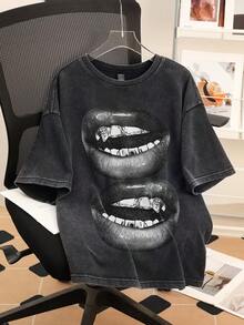Attitoon Casual Women's Black Knit Speckle Print Oversized T-Shirt, Retro T-Shirt Suitable For Y2K, Lip Print, Hippop Print,62% Cotton - Multicolor - View 3