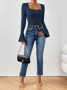 SHEIN Essnce Áo thun nữ cổ vuông tay loe màu trơn có gân ôm sát - Màu xanh hải quân - Xem 6