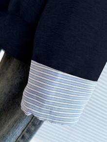 SHEIN Casual Striped Patchwork Sweatshirt, Autumn - Navy Blue - View 3
