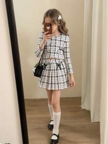 Elladie kids 两件套女童格子多色蝴蝶结装饰长袖上衣和百褶裙套装，优雅休闲舒适，适合派对、度假、户外活动、四季皆宜，尤其适合秋冬季节。 - 彩色 - 查看 4