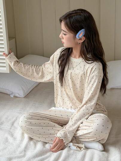 DAZY 两件套少女波点印花长袖上衣和裤子家居服套装，秋季款