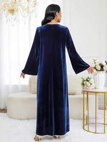 Al Najma Women's Elegant Party Rhinestone Decorated Arabic Style Dress Velvet Long Sleeve Dress Luxury Dress For Women - Blue - View 2
