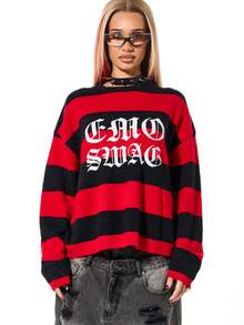 SUMWON WOMEN Suéter de cuello redondo oversize con estampado gráfico a rayas para mujer, de manga larga, de punto, para otoño e invierno - Multicolor - Ver 6