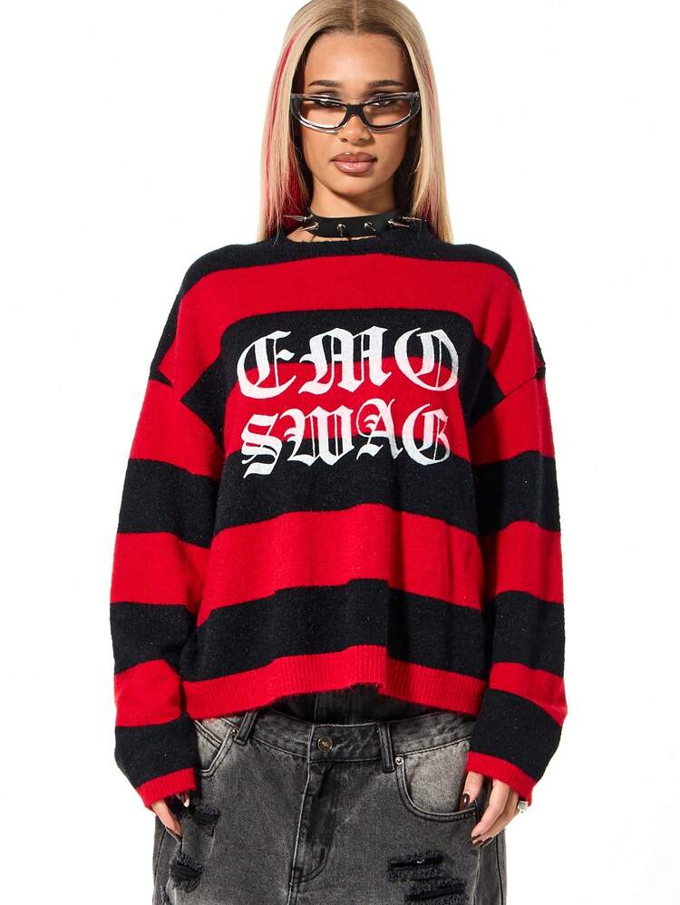SUMWON Women's Oversized Crew Neck Striped Graphic Print Sweater Long Sleeve Knit Fall Winter Pullover