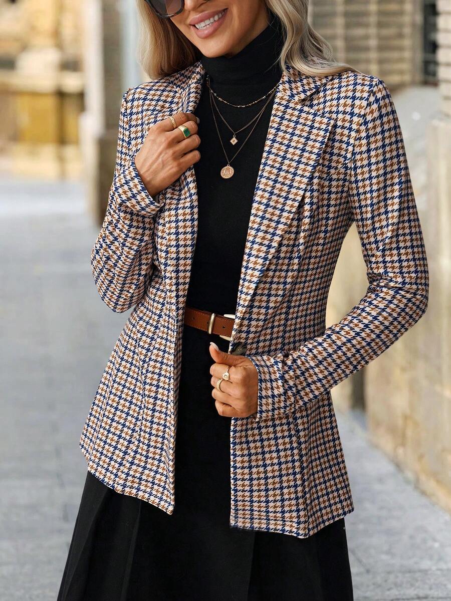 SHEIN Clasi Women's Fashion Casual Houndstooth Single-Breasted Blazer Fall Winter New Year Christmas