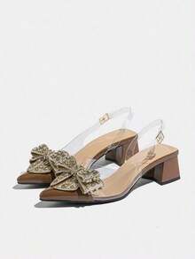 Zapatos de mujer. Tacones altos de mujer de punta puntiaguda y abertura trasera, cómodos. Diseño de lazada de strass y correa transparente. Estilo elegante y glamuroso con tacón grueso bajo. Ideal para citas y fiestas. - Marrón - Ver 6