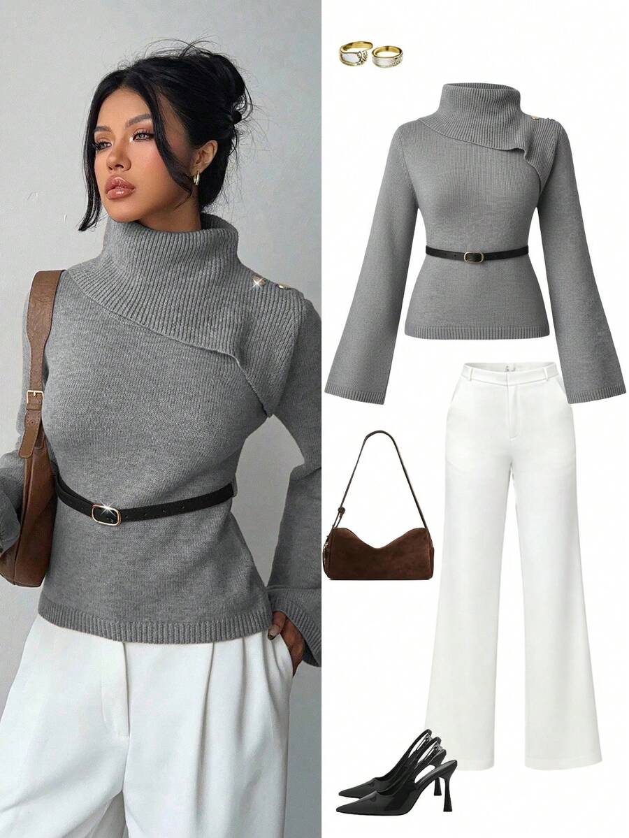 Elenzga Khaki Elegant Flared Sleeve Niche Design Collar, Paired With Brown Metal Fashionable Belt, Women Sweater For Autumn/Winter - Grey - View 1