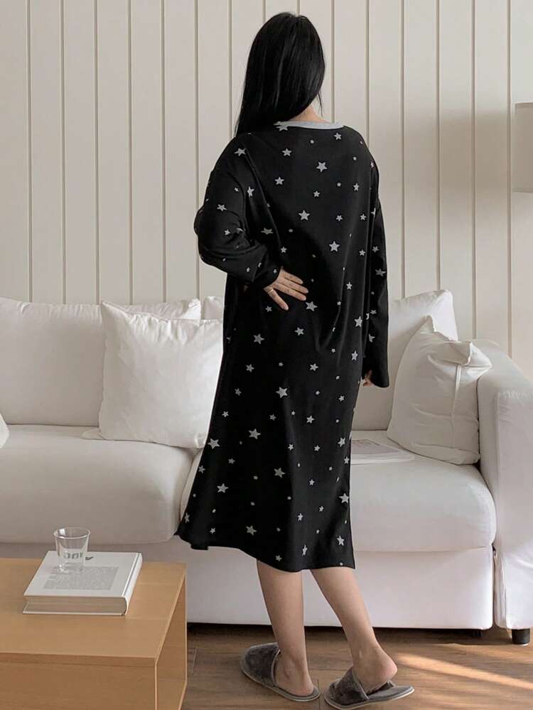 Women's Long Star Print Fleece Nightgown, Autumn/Winter