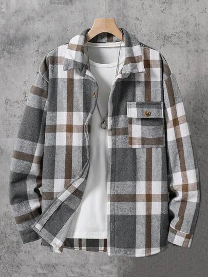 Vacaura Tonårs casual enkel, enkelknäppt design med slag och framficka i retrokontrastrutig överrock, lös passform, praktisk och mångsidig för höst, vår, vinter, lämplig för vardagsbruk, pendling, utomhus, sport, skola, streetwear, fest och fotografering