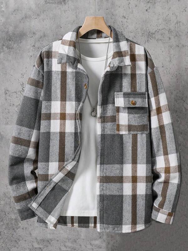 Teens' Casual Simple Lapel Single-Breasted Design With Front Pocket Retro Contrast Plaid Overcoat, Loose Fit, Practical & Versatile For Autumn, Spring, Winter, Suitable For Daily Wear, Commuting, Outdoor, Sports, School, Streetwear, Party And Photoshoot