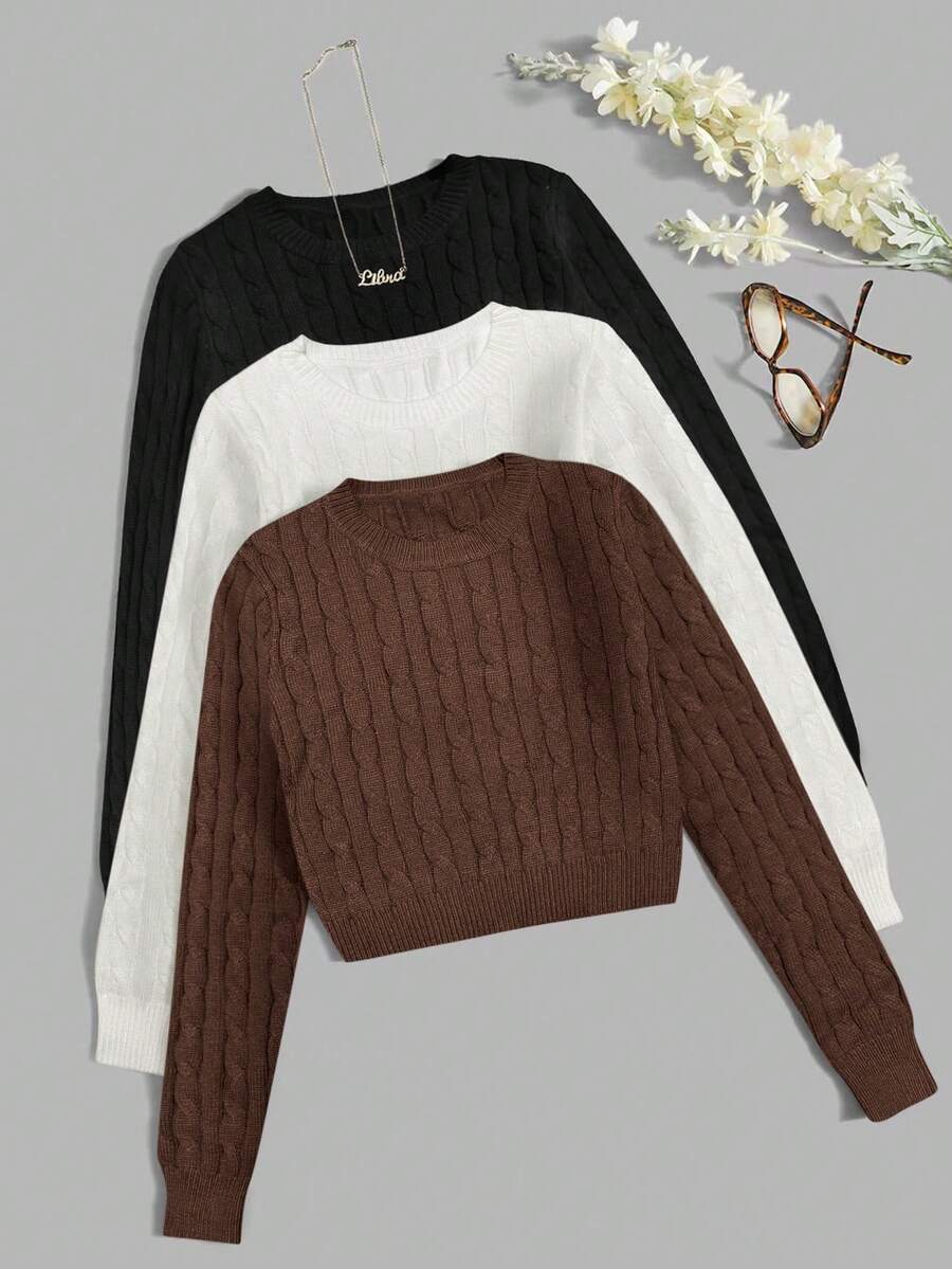 Franclia 3件套女士休闲日常通勤简约纯色麻花针织短款毛衣，秋冬季 - 彩色 - 查看 1