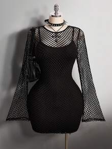SHEIN ICON Bộ váy 2 mảnh bó sát lưới đen cỡ lớn, Y2K, Lễ hội âm nhạc - màu đen - Xem 1