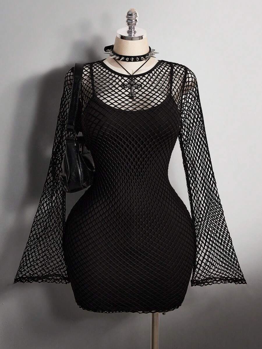 SHEIN ICON Bộ váy 2 mảnh bó sát lưới đen cỡ lớn, Y2K, Lễ hội âm nhạc - màu đen - Xem 1