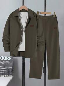 Vacaura 2pcs Teenager Spring Ball Casual Gentleman Single-Breasted Gray Long Sleeve Shirt + Elastic Waist Slant Pocket Casual Pants Two Pieces Outfit - Army Green - View 3