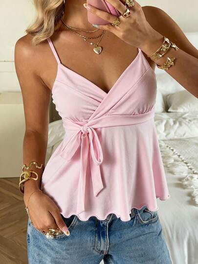 CovetEZ Rosa casual kvinnor sidoknut volangkant linne