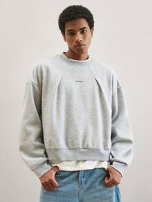 TOKVUE 男士字母印花圆领长袖休闲套头卫衣，秋冬季，保暖内衬 - 灰色 - 查看 1