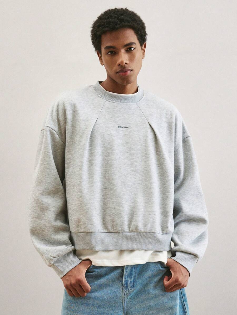 TOKVUE 男士字母印花圆领长袖休闲套头卫衣，秋冬季，保暖内衬 - 灰色 - 查看 1