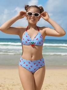 少女吊带三角樱桃印花夏季比基尼泳衣 - 霧霾藍 - 查看 6