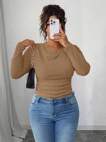 Elenzga Áo thun dài tay ôm sát cổ bèo nhún họa tiết cổ điển cỡ lớn cho nữ RosyDaze - Màu Khaki - Xem 8