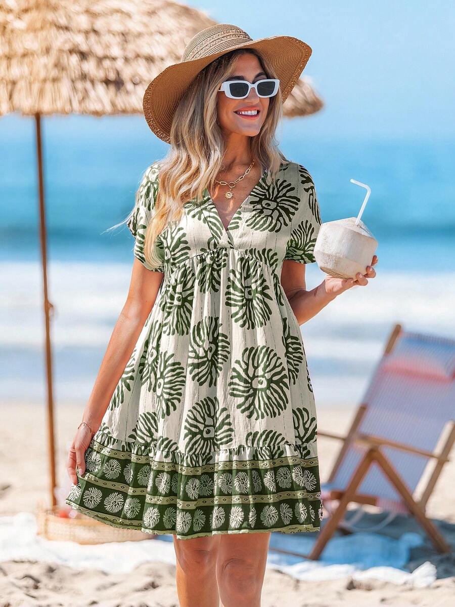 Sylviya 女式休闲娃娃图案修身喇叭裙 - 綠色 - 查看 1