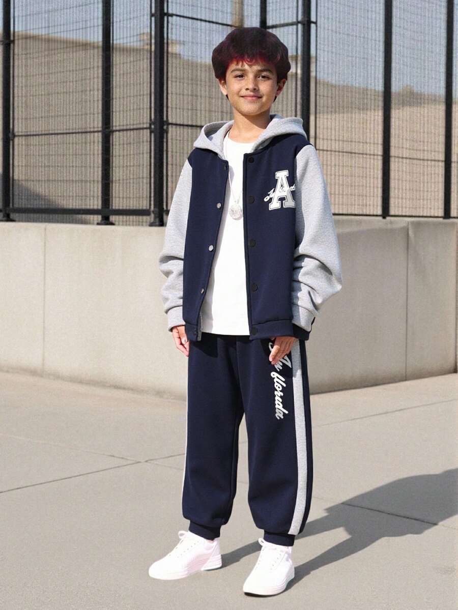 Vacaura 2pcs/Set Boys' Casual School Hooded Baseball Jacket And Contrast Color Drawstring Sweatpants Outfit, Autumn/Winter Fall - Navy Blue - View 1