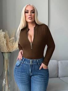 SHEIN SXY 大码女式舒适休闲长袖拉链连体衣，秋冬季 - 棕色 - 查看 6