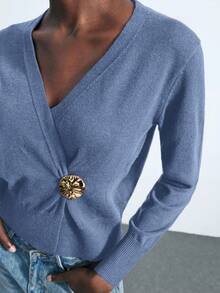 Maija Blusa básica minimalista y elegante con cuello en V profundo, decoración de botones metálicos, mangas raglán sueltas y cómodas, adecuada para ir al trabajo, la oficina, el uniforme de maestro, el verano - Azul - Ver 7