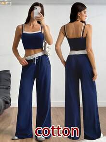 SHEIN Tall Modisches Kontrastfarben-Splicing Zweiteiler, bestehend aus Trägerhemd + Hose in Kontrastfarbe, geeignet für große Frauen im Sommer & Herbst