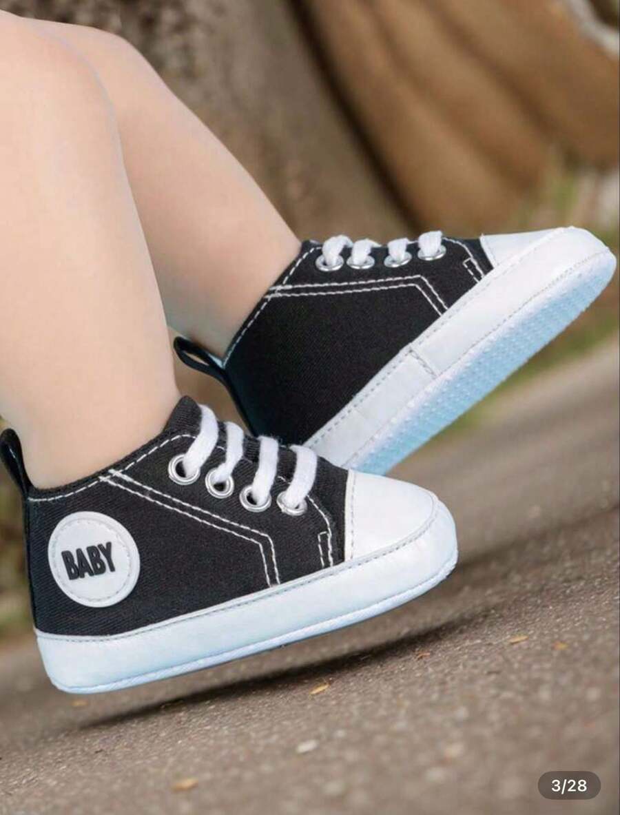 par de1 par zapatillas de lona para niños o niñas de 0 a 1 año, ligeras, antideslizantes, de suela blanda, para primeros pasos, para bebés recién nacidos, de 0 a 6 meses y de 6 a 12 meses - Negro - Ver 1
