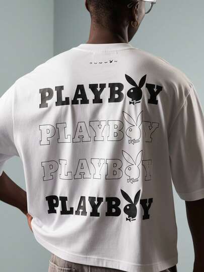 PLAYBOY X SUMWON Oversized Crop Fit T Shirt With Logo Print Short Sleeve Casual Cotton Tee