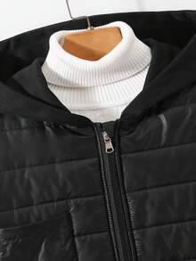 Vacaura Teenage Boys' Quilted Thickened Fleece 3-In-1 Applique Patch Drawstring Padded Coat - Black - View 3