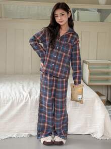 DAZY 少女格子印花长袖睡衣套装 - 棕色 - 查看 4