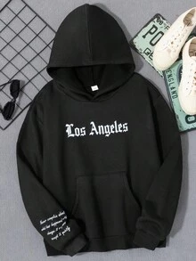 SHEIN Teen Boy Simple Printed Hooded Long Sleeve Sweatshirt Chic Outfits For Autumn/Winter,Unisex - Black - View 2