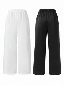 2 条装 Vacaura Boy 简约休闲时尚运动黑灰色麻灰色直筒运动裤，适合春秋冬季 - 黑與白 - 查看 2