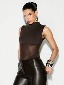 KIZN 高领无袖连体衣，网纱拼接，修身显瘦，高领设计，适合夜店穿着。 - 咖啡棕 - 查看 4