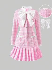 SHEIN 女童格子撞色蝴蝶结装饰长袖连衣裙 - 粉色 - 查看 8