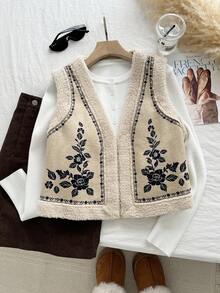 Comfortcana 花卉刺绣加厚仿麂皮无袖休闲大码背心外套，秋冬款 - 棕色 - 查看 4