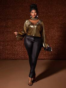 Maweii Blusa holgada de manga farol con parches de tela metálica y malla transparente de talle alto para mujer de talla grande, elegante para fiestas y banquetes - Dorado - Ver 3