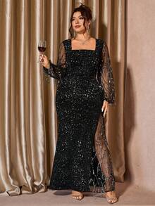 Cravure Plus Size Women's Square Neck Sparkly Mesh Patchwork Dress, Elegant Dresses For Party Sequin Dress Sparkly Dress  Glitter  Stretchy Luxurious Party Long Sleeve High Slit Gown, Autumn/Winter Plus Size Evening Gowns Plus Size Black Formal Dresses Curve Formal Evening Gown Luxury Dress For Women Slay Diva Dress - Black - View 3