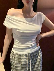 DAZY Women's Summer Sheer Draped Neck Fitted T-Shirt, Minimalist Urban Casual Slim Fit Short Sleeve Top - White - View 6