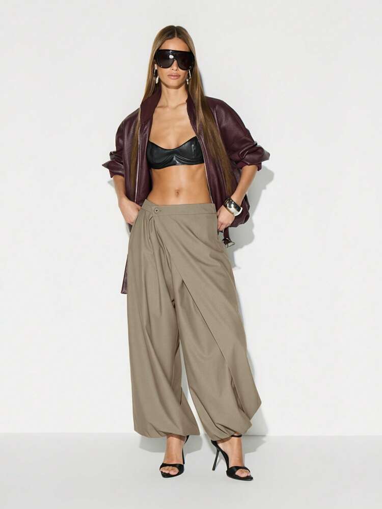 KIZN Wide Leg Palazzo Pants With Button Detail High Waist Drape Front Cropped Ankle Length Bohemian Style Flowing Bottoms