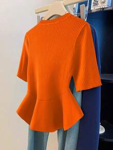 GlowEve CURVE Plus Size Women Elegant Solid Color Short Sleeve Peplum Hem Ribbed Knit Top - Orange - View 2