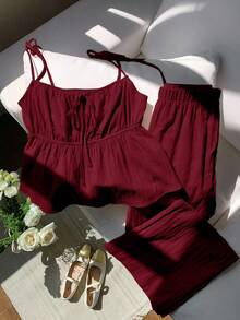 Comfortcana 梭织女士纯棉休闲度假酒红色吊带背心和裤子套装 纯棉女装 酒红色上衣 酒红色上衣 女士夏季两件套 纯棉两件套 - 酒紅色 - 查看 7
